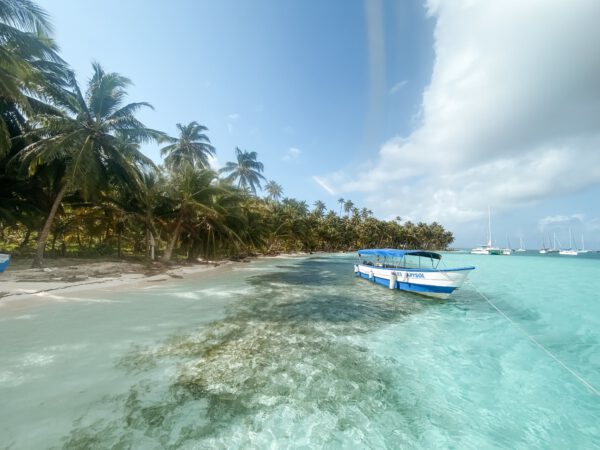 Küste mit klarem Wasser, Palmen und einem Boot